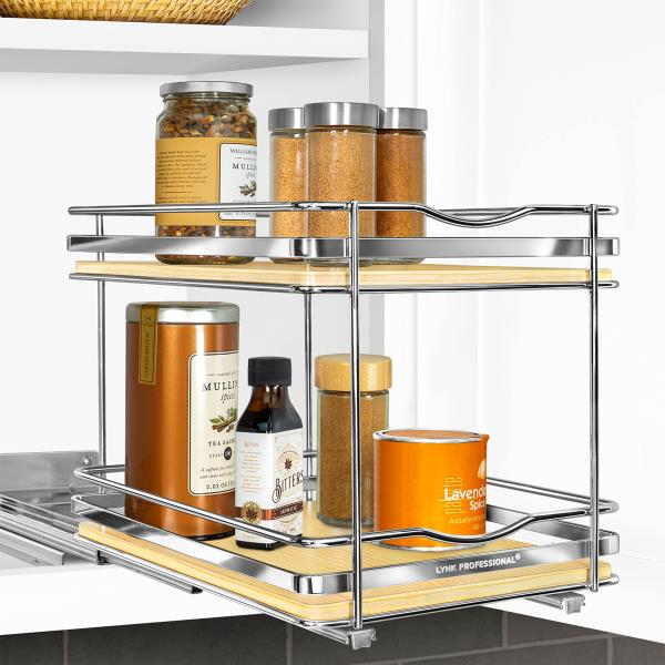 -Tier Pull Out Spice Rack Organizer for Cabinets 8-38 inch Wide Wood and Chrome
