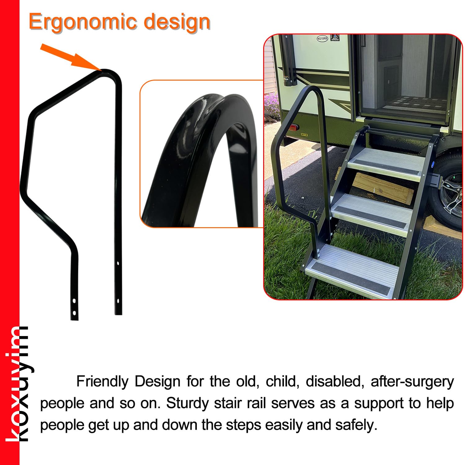 Black RV Entry Step Handrail for Step Above 2nd Gen 3-Step RV Steps