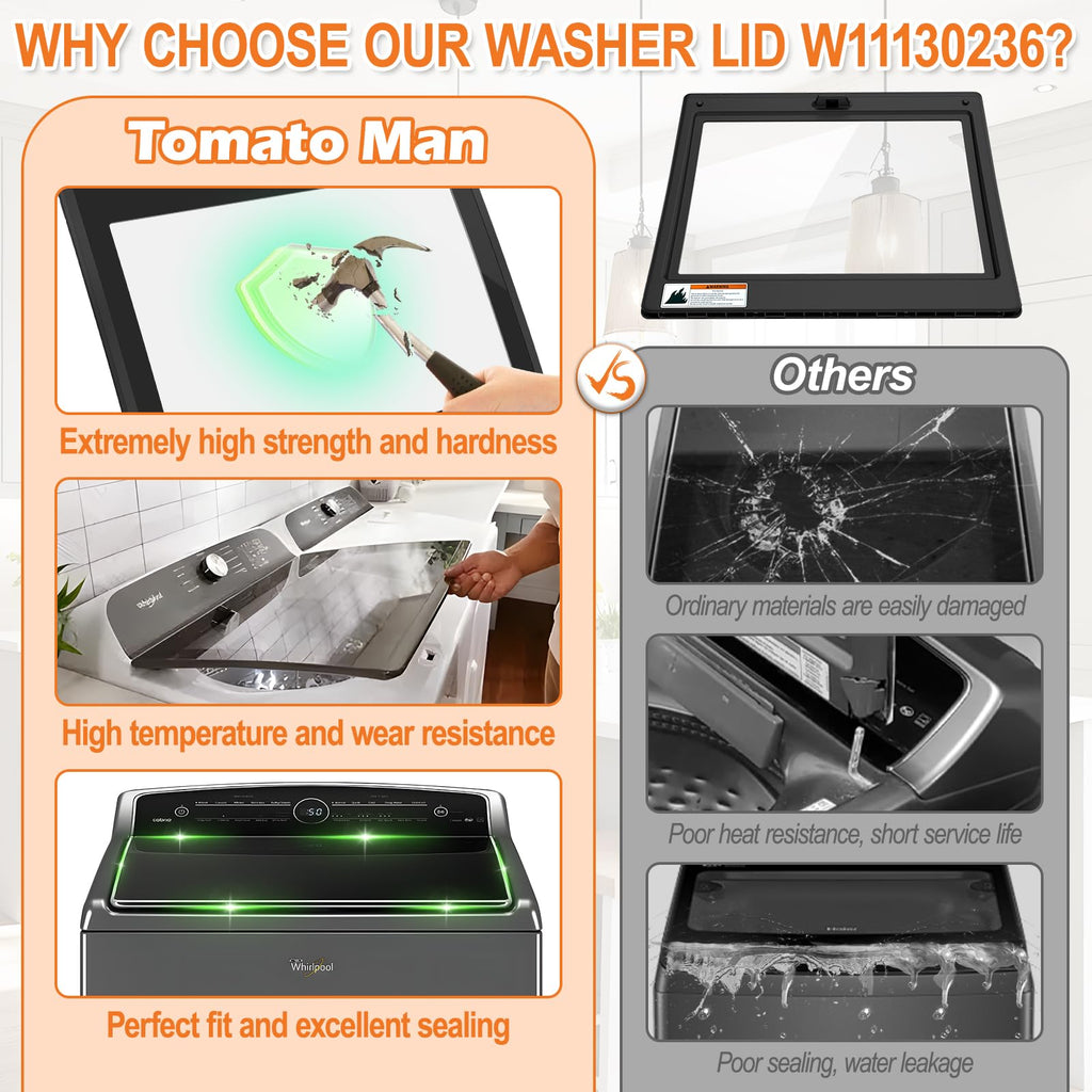 W11130236 Washer Glass Lid Replacement for Whirlpool Top Load Washing Machine with Hinges Retail $245.00