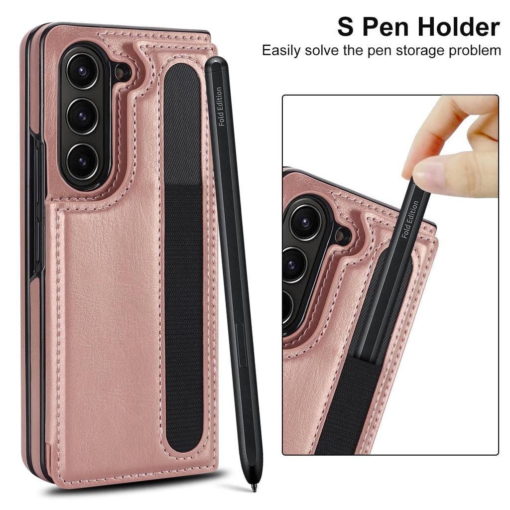 Samsung Galaxy Z Fold 5 Leather Wallet Case with Card  S-Pen Holder Kickstand - Rosegold