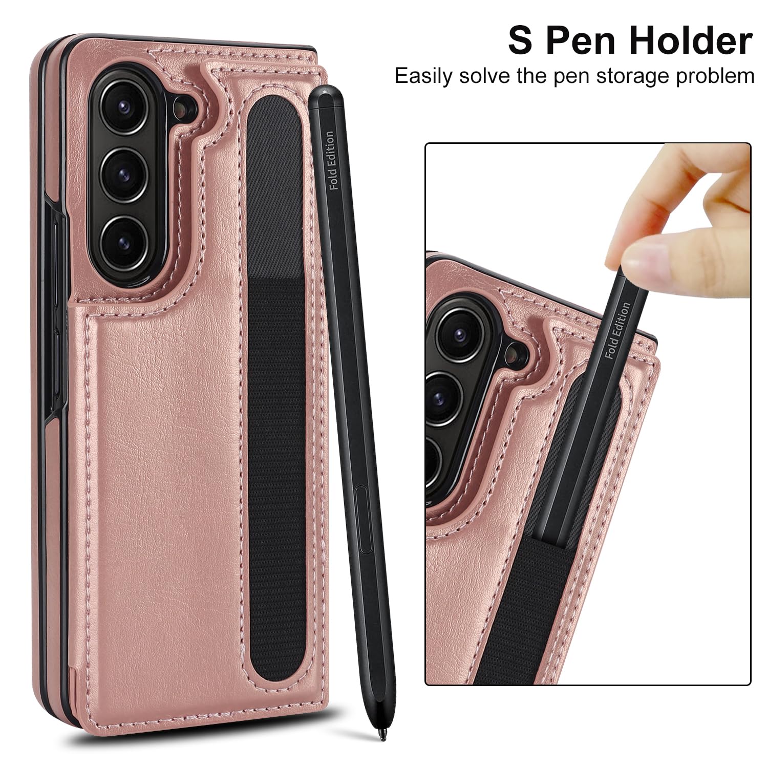 Samsung Galaxy Z Fold 5 Leather Wallet Case with Card  S-Pen Holder Kickstand - Rosegold