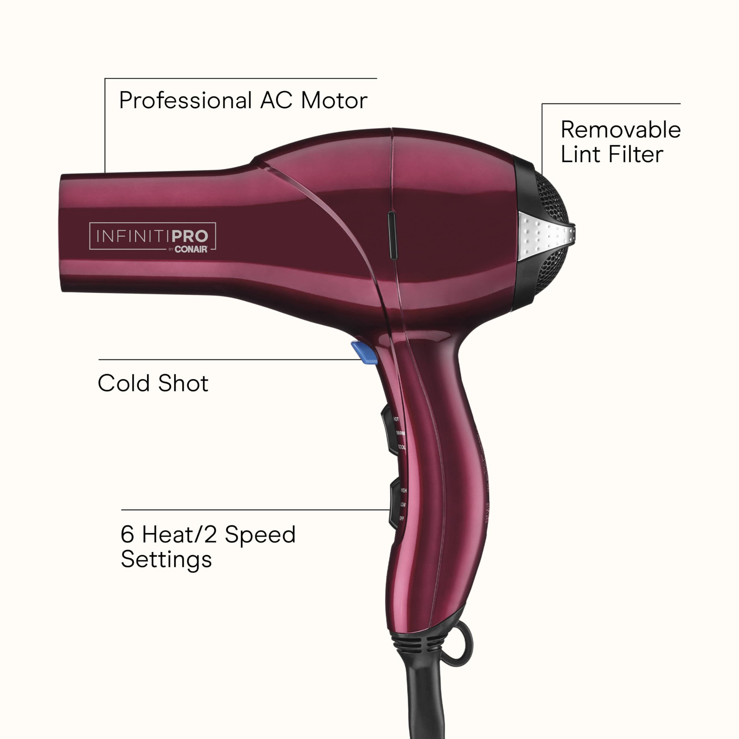 Conair Infiniti Pro Hair Dryer w Diffuser Concentrator  Bonus Brush - Tourmaline Ceramic - Burgundy