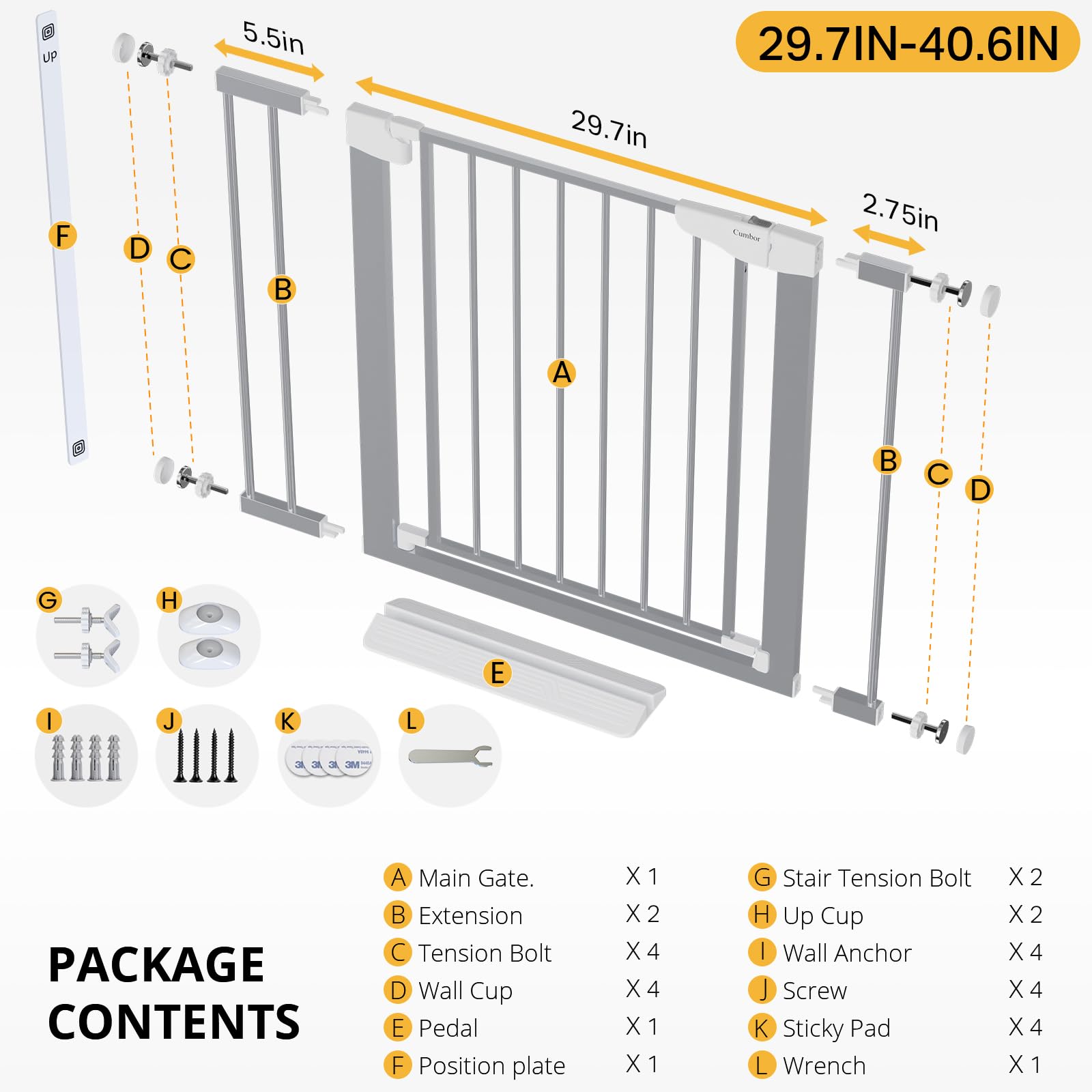 Auto-Close Walk-Thru Baby Pet Gate PressureHardware Mounted 29.7-40.6in Wide Gray