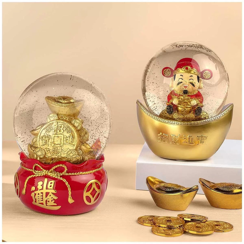 Lunar New Year Wealth and Fortune Water Globes Set of 2 - RedGold