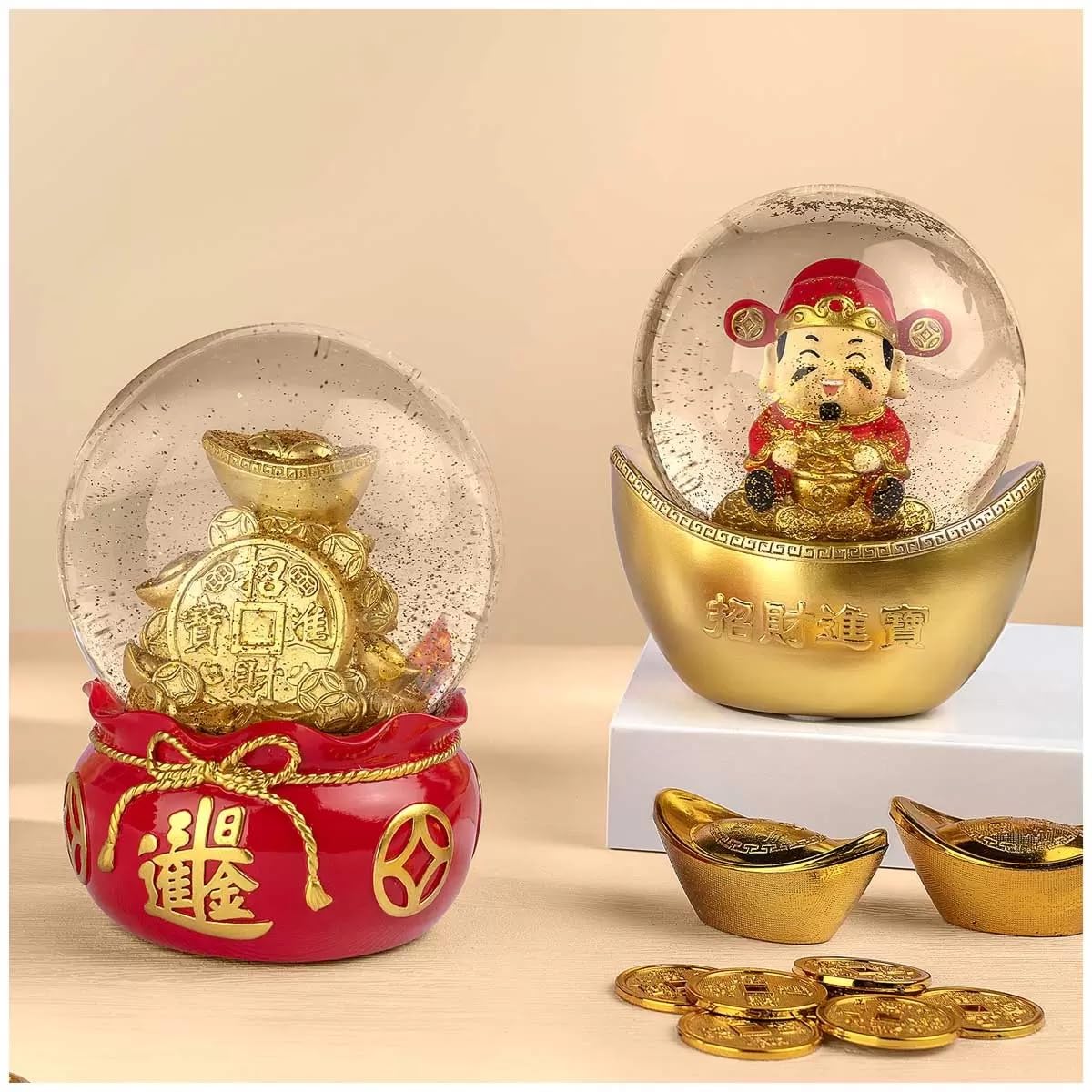 Lunar New Year Wealth and Fortune Water Globes Set of 2 - RedGold