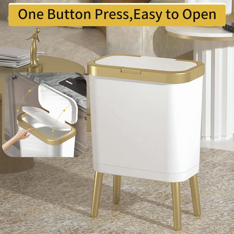 Procade 2Pack White Trash Can with Lid, Bathroom Trash Can with Gold Edge, Narrow Modern Garbage Can for Bedroom, Slim Plastic Trash Bin for Room,Kitchen, Living Room, Office,4 Gallon Retail $56.00