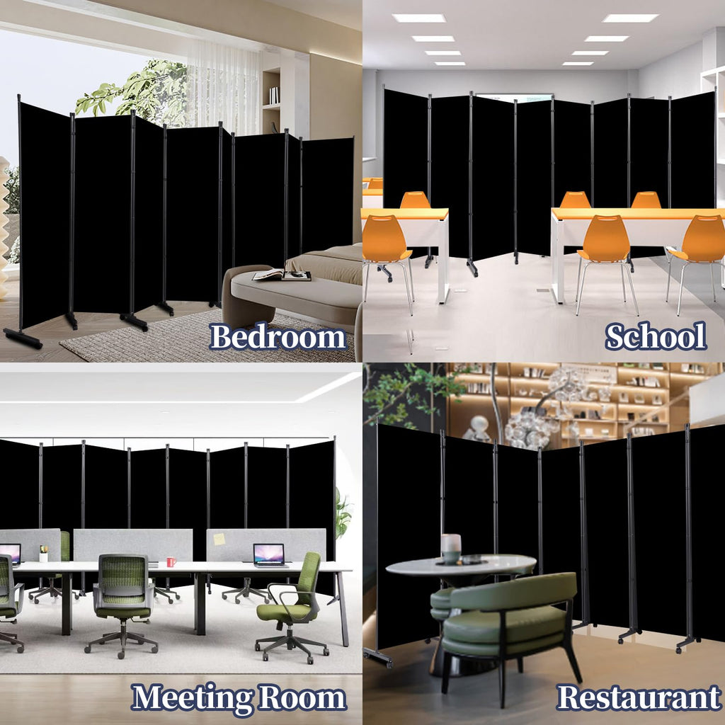 Black Folding Fabric Room Divider Privacy Screen with Lockable Wheels 176L x 72H