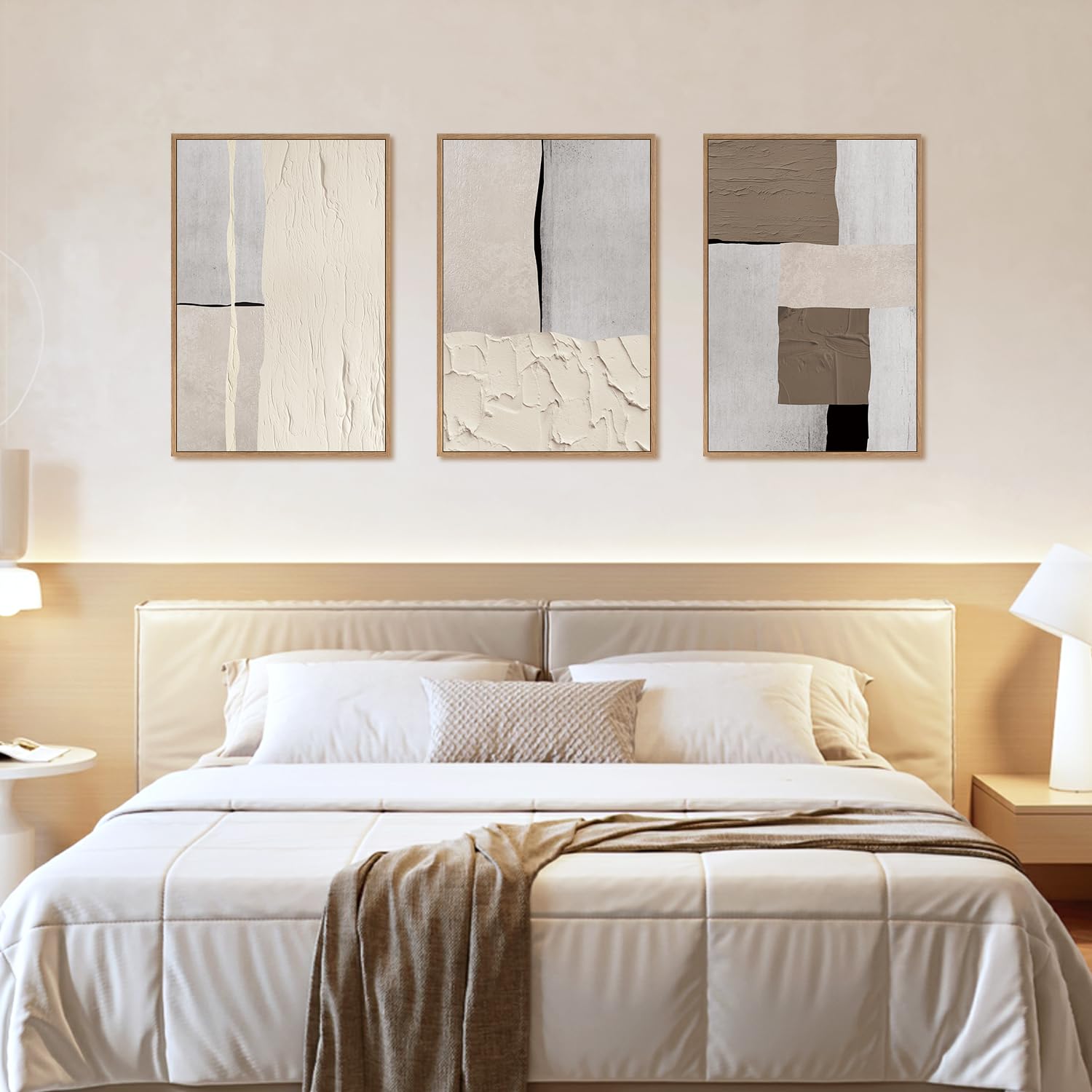 New LHIUEM Large Abstract Neutral Framed Canvas Wall Art Set 24x36x3 Mid-Century Style. Retail $116.00
