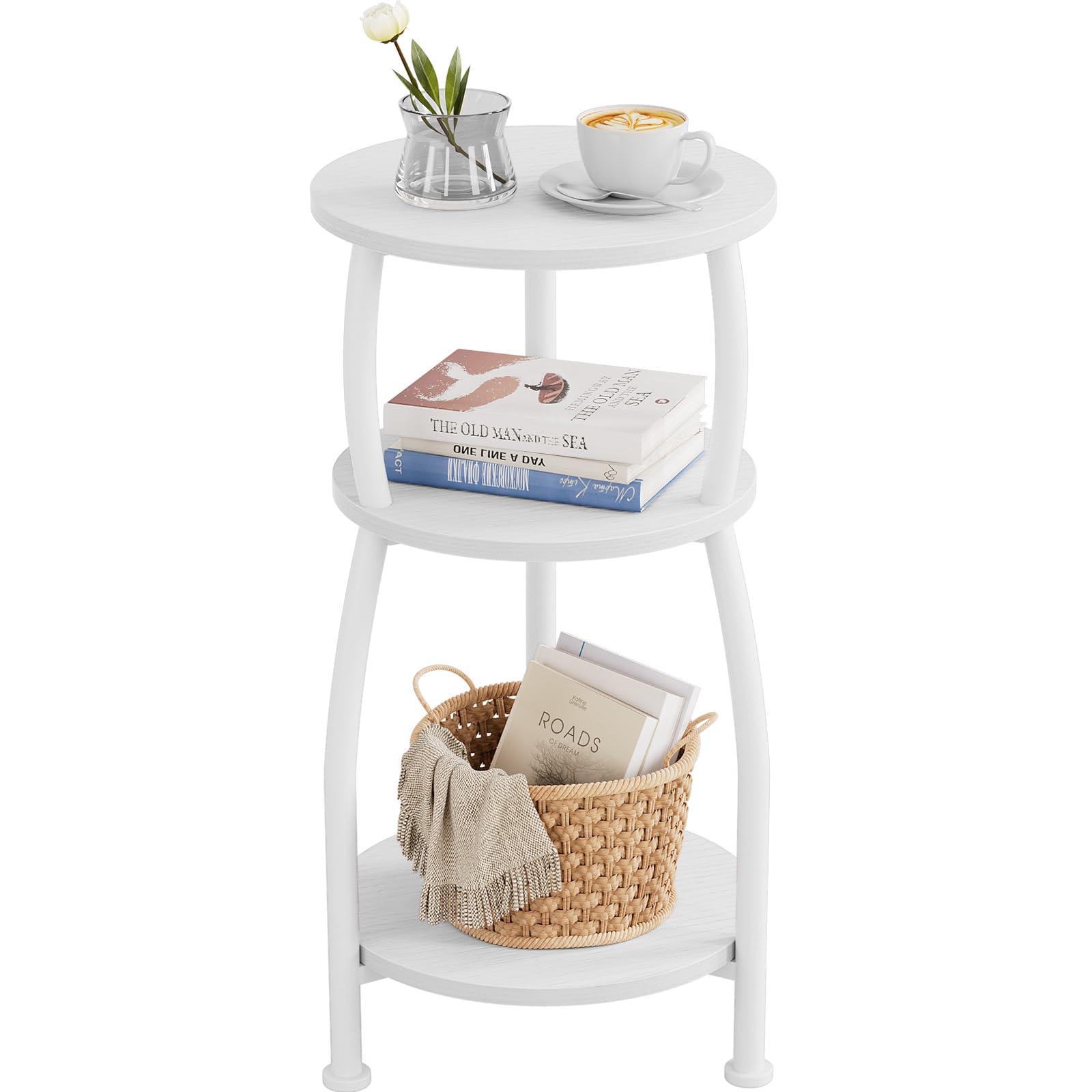 White 3-Tier Round End Table Side Nightstand with Storage Shelf