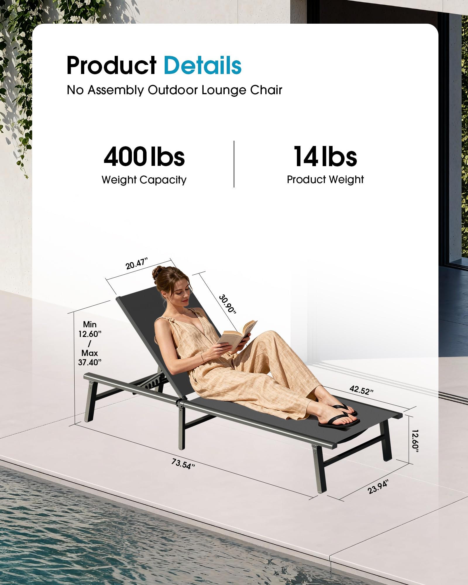 Ciokea Foldable Outdoor Lounge Chair, No Assembly Patio Chaise Lounge Outdoor with 5-Positions, Aluminum Pool Lounge Chair with Portable Design for Pool, Beach, Deck, Backyard, Grey