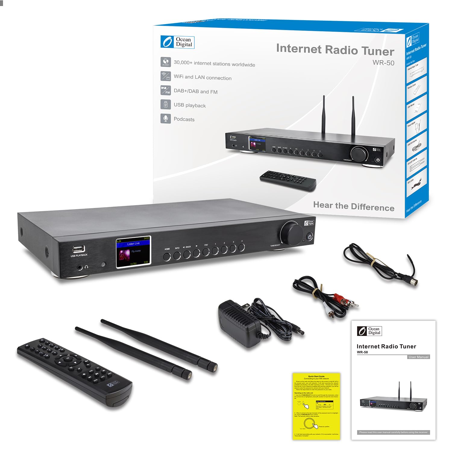 Black WR-50 Internet Radio Tuner Component with Wi-Fi Bluetooth USB  2.4 Color Display