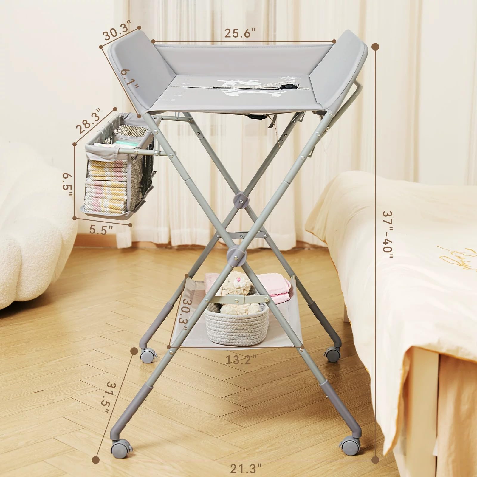 KARAOK Baby Changing Table with Wheels, Portable Diaper Changing Station with 4-Level Height Adjustment & Storage Rack for Newborn, Infant(Light Grey)
