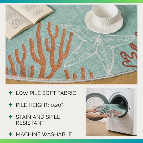 Coastal Coral Ocean Washable Area Rug 5 x 7 Aqua