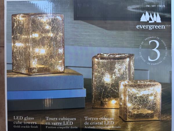 Evergreen LED Gold Crackle Glass Cube Towers 3-Pc