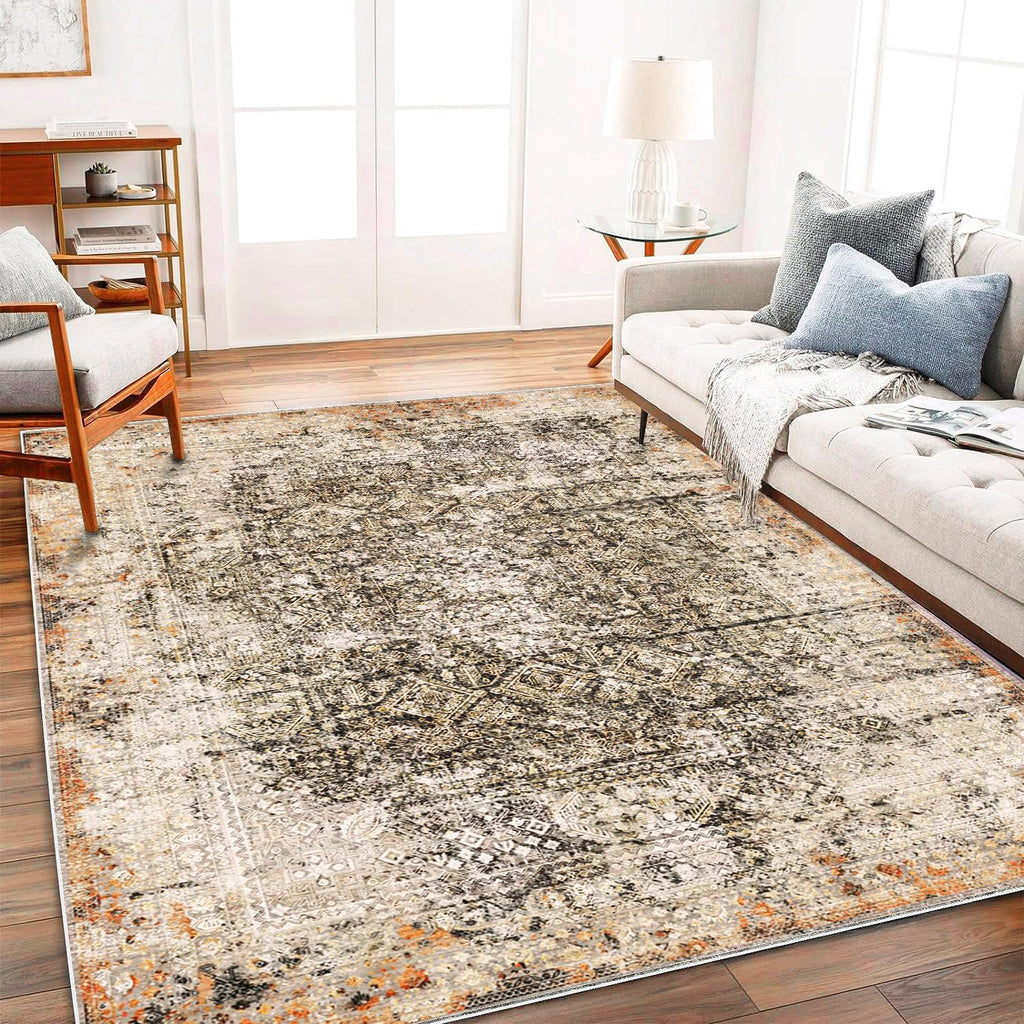 Khaki Black 9x12 Washable Non-Slip Vintage Distressed Floral Low-Pile Area Rug
