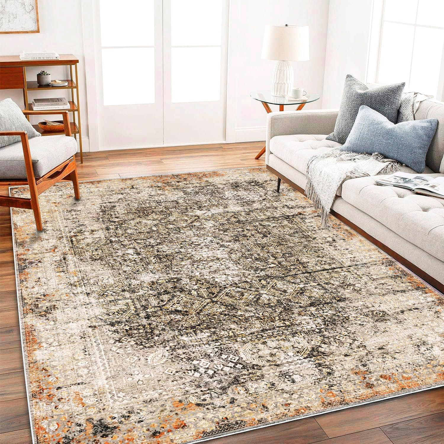 Khaki Black 9x12 Washable Non-Slip Vintage Distressed Floral Low-Pile Area Rug