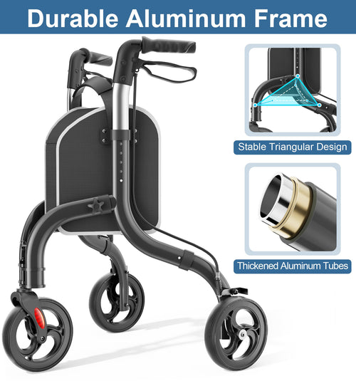 Black 3 Wheel Lightweight Foldable Aluminum Rollator Walker with Storage Bag