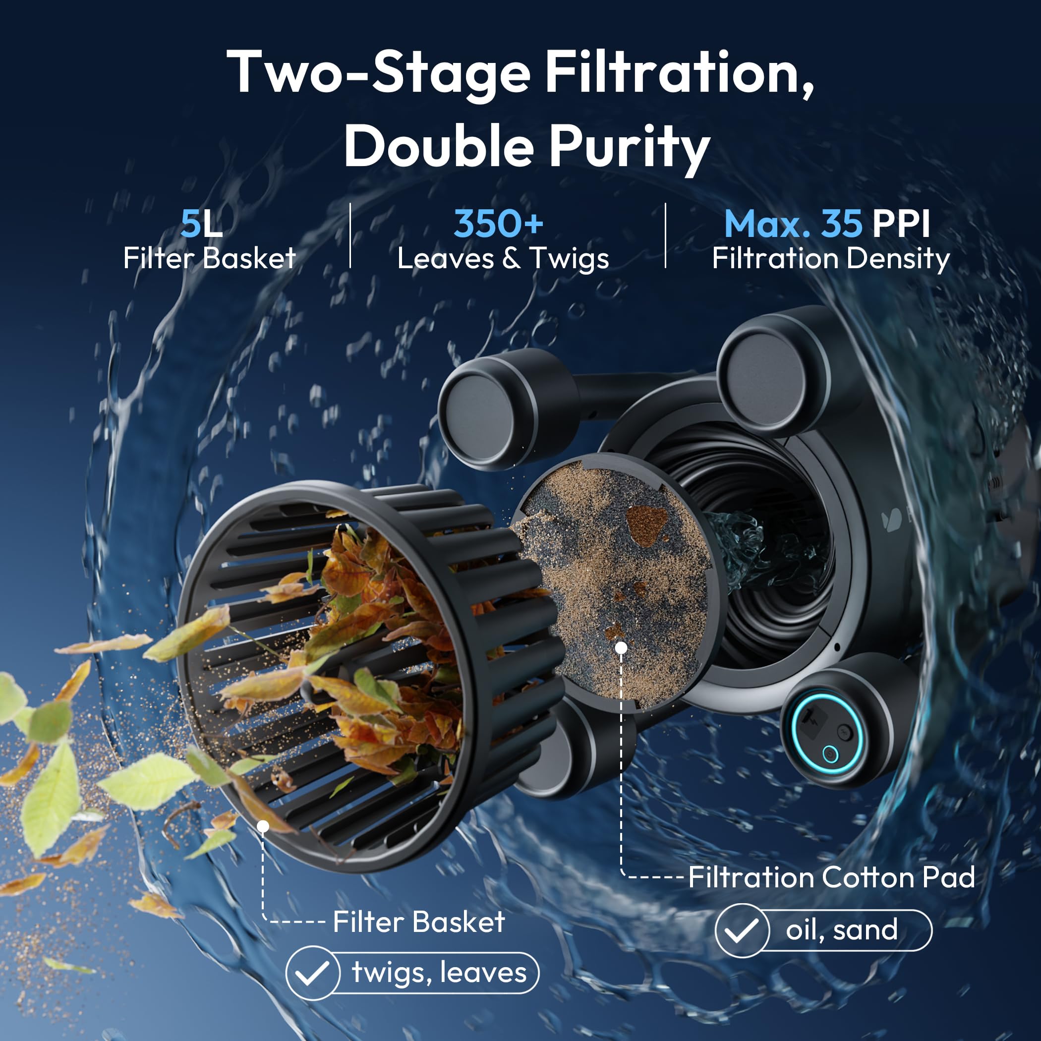 F10 Robotic Surface Skimmer Pool Cleaner Powerful Suction Dual Motor 5L Filter App Control Black