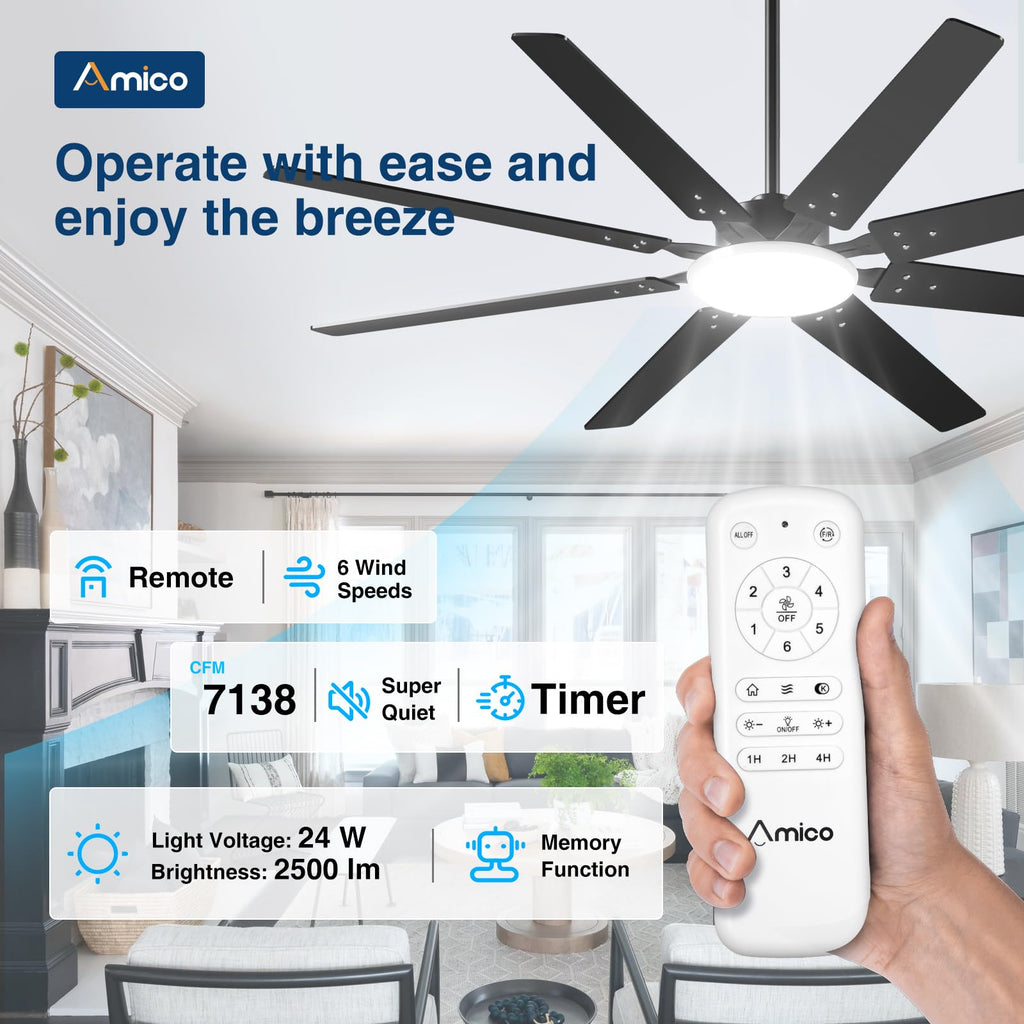 Open-Box New Amico 72 Dimmable Remote Quiet Black Modern IndoorOutdoor Ceiling Fan w Light