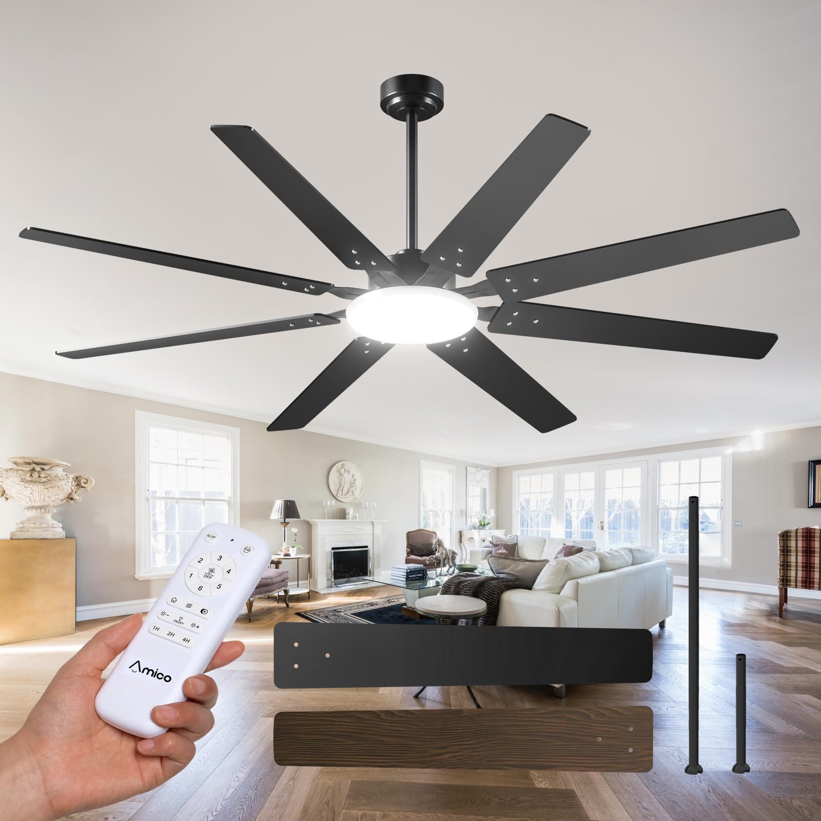 Open-Box New Amico 72 Dimmable Remote Quiet Black Modern IndoorOutdoor Ceiling Fan w Light