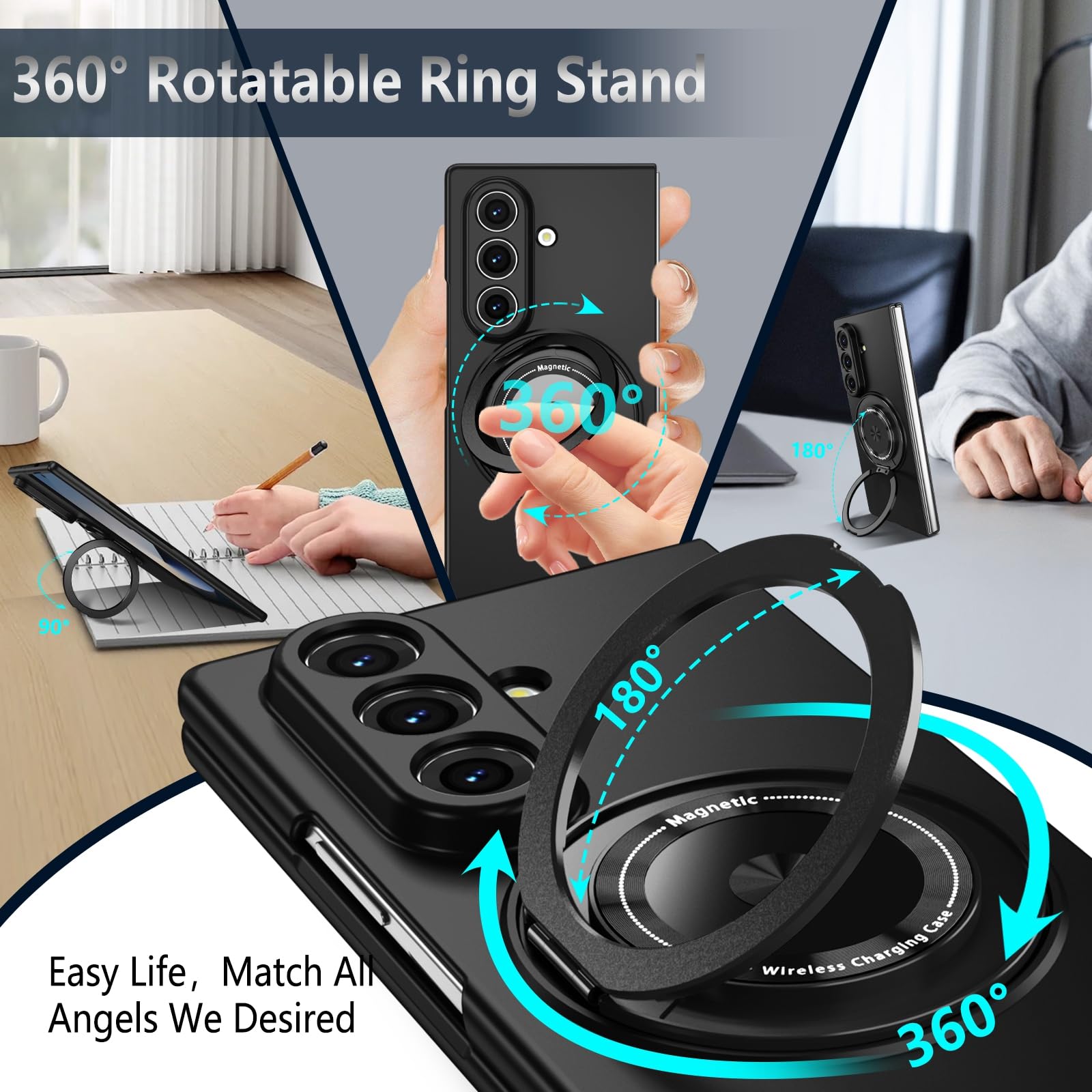 Magnetic Stand Ring Holder Shockproof Slim Phone Case for Samsung Galaxy Z Fold 7 - Black
