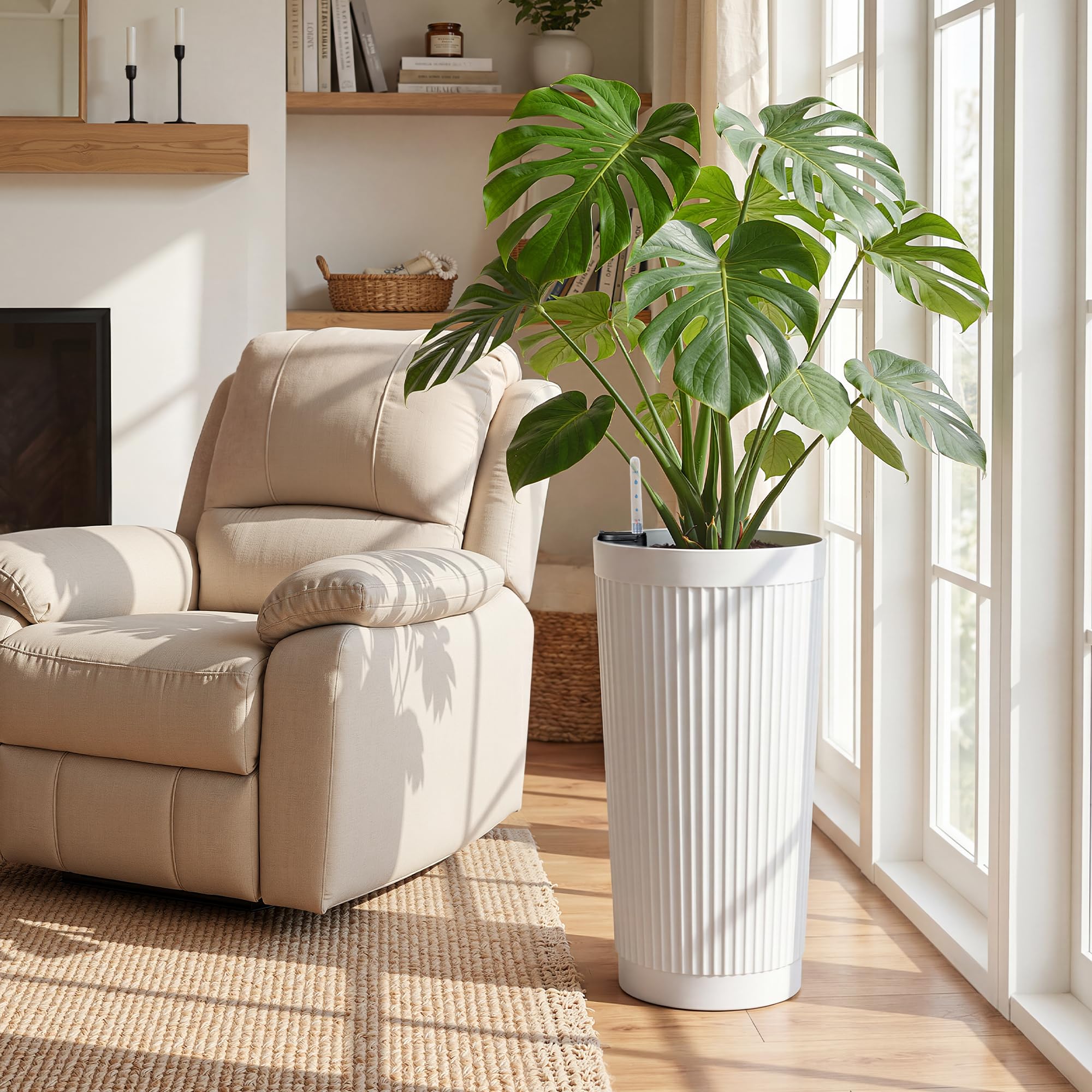 '-Pack 24in Round Plastic Self-Watering Planters with Vertical Ribbed Design White