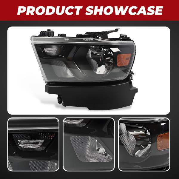 Left Halogen Headlight Assembly for 2019-2023 Ram 1500 Black Housing