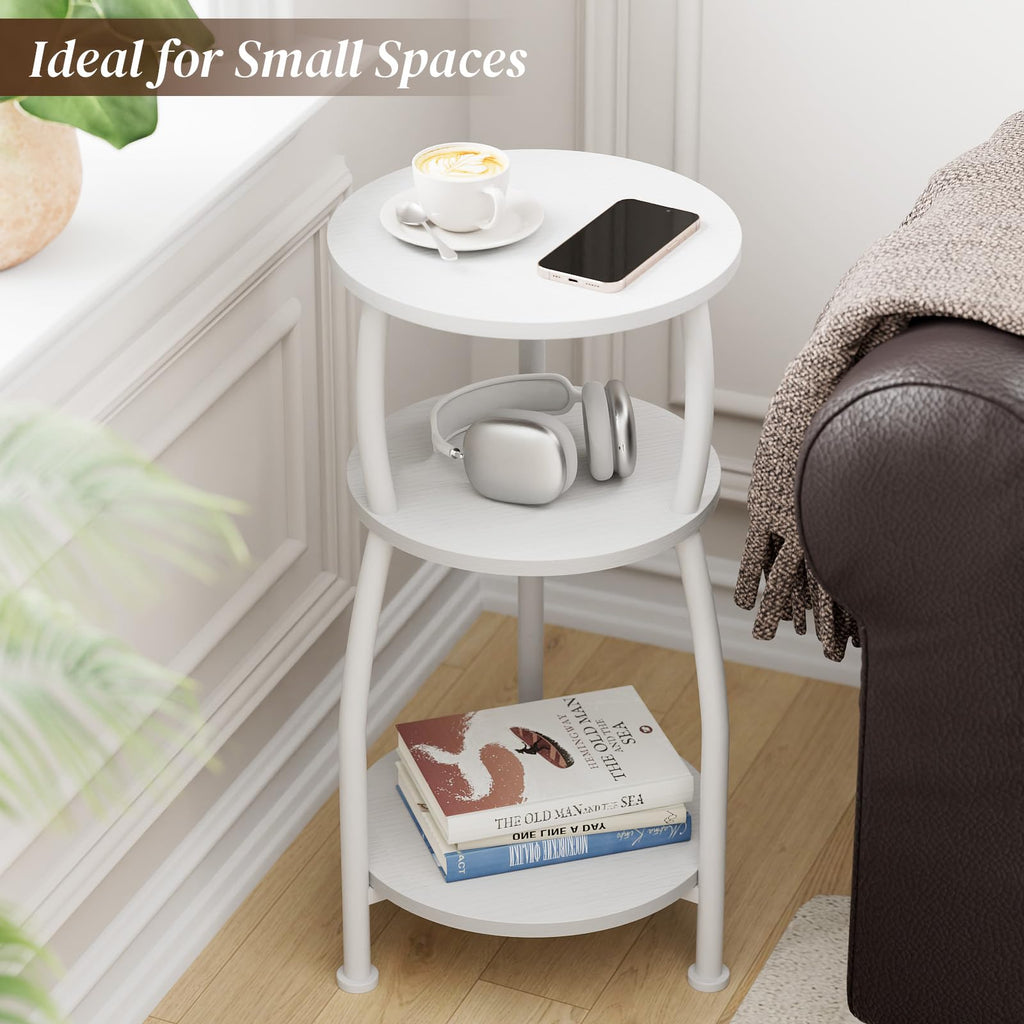 White 3-Tier Round End Table Side Nightstand with Storage Shelf