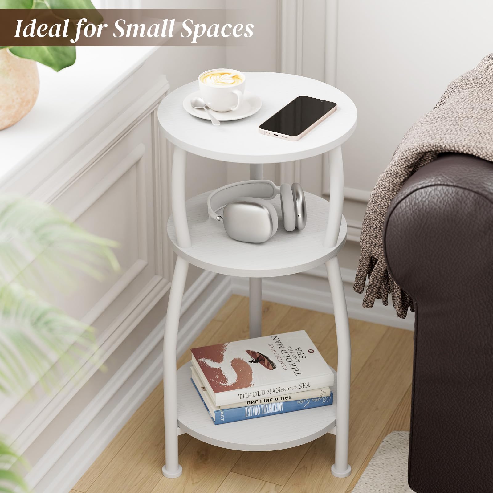 White 3-Tier Round End Table Side Nightstand with Storage Shelf