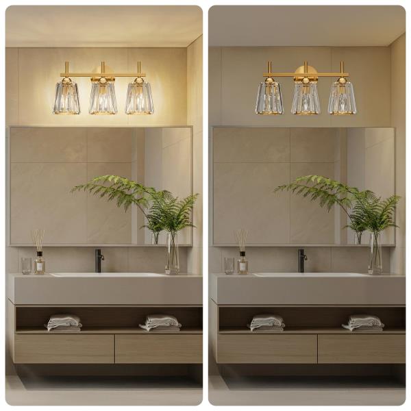 -Light Crystal Bathroom Vanity Light Fixture Gold Modern Wall Sconce with Ceramic E26 Base
