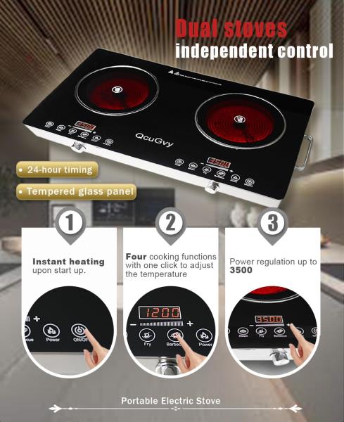 Portable Infrared 2 Burner 3500W Electric Cooktop with Touch Control and 2 Hour Timer