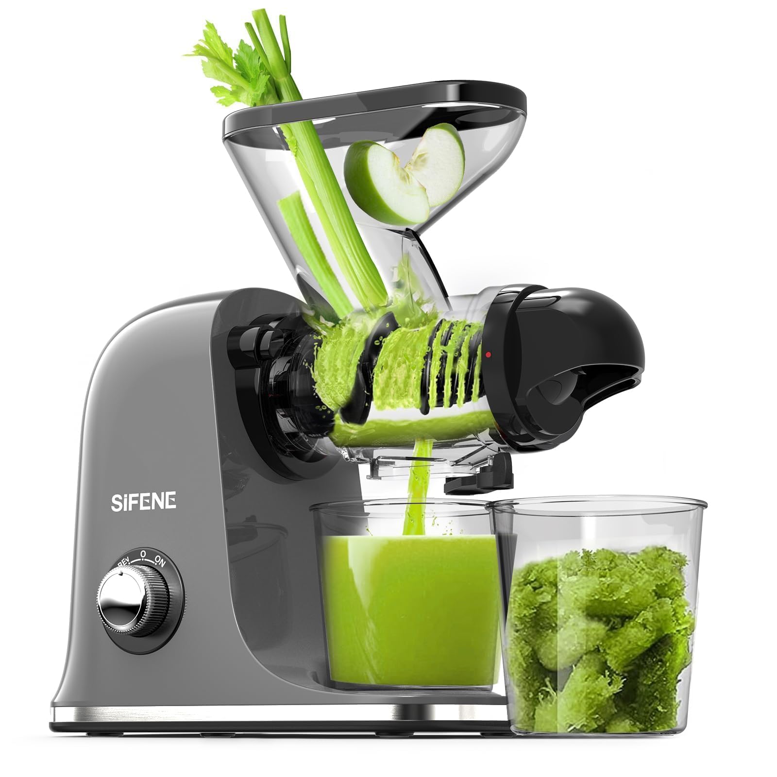 Gray Electric Single Auger Masticating Juicer Compact Slow with Dual Feed Chute for Fruits  Vegetables