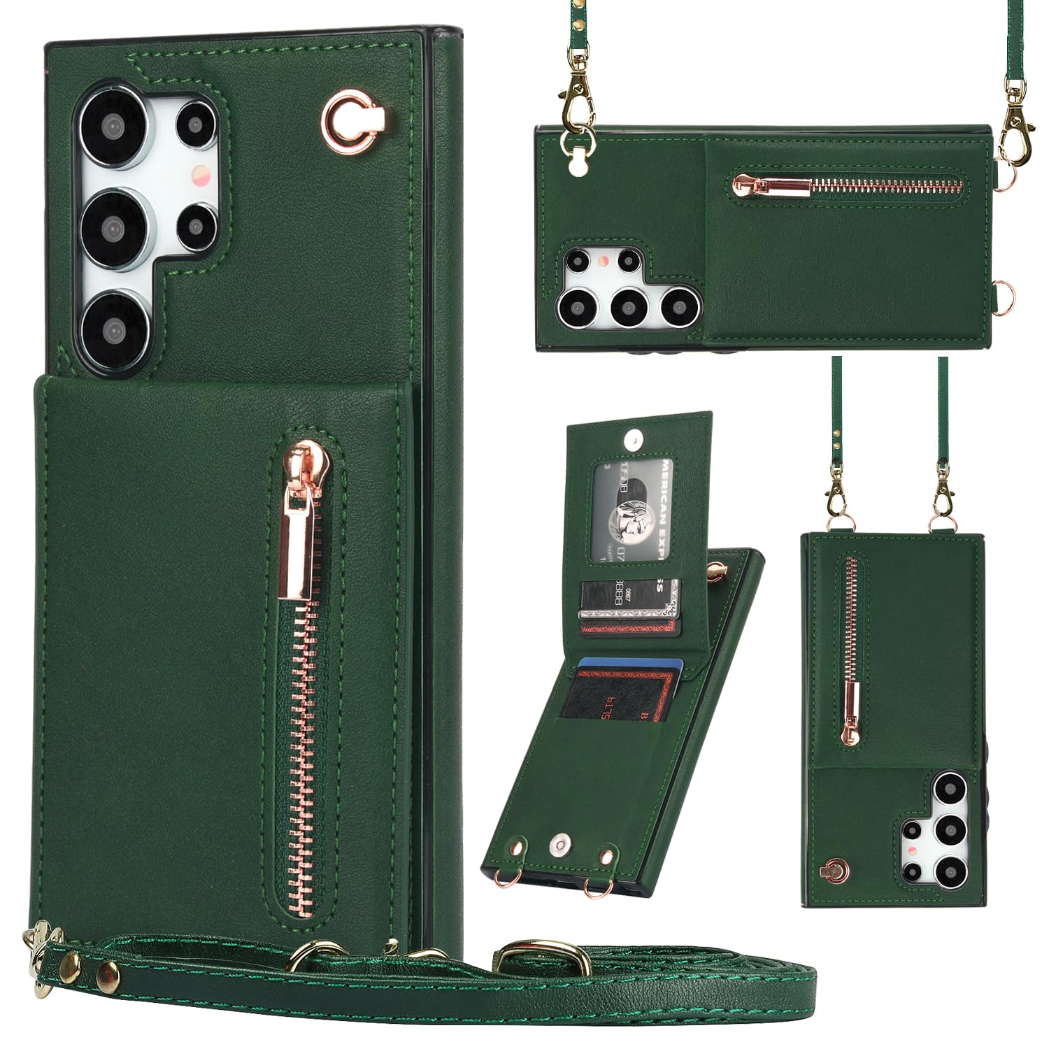 Green Samsung Galaxy S24 Ultra Wallet Flip Case w Crossbody Strap Card Holder  Kickstand
