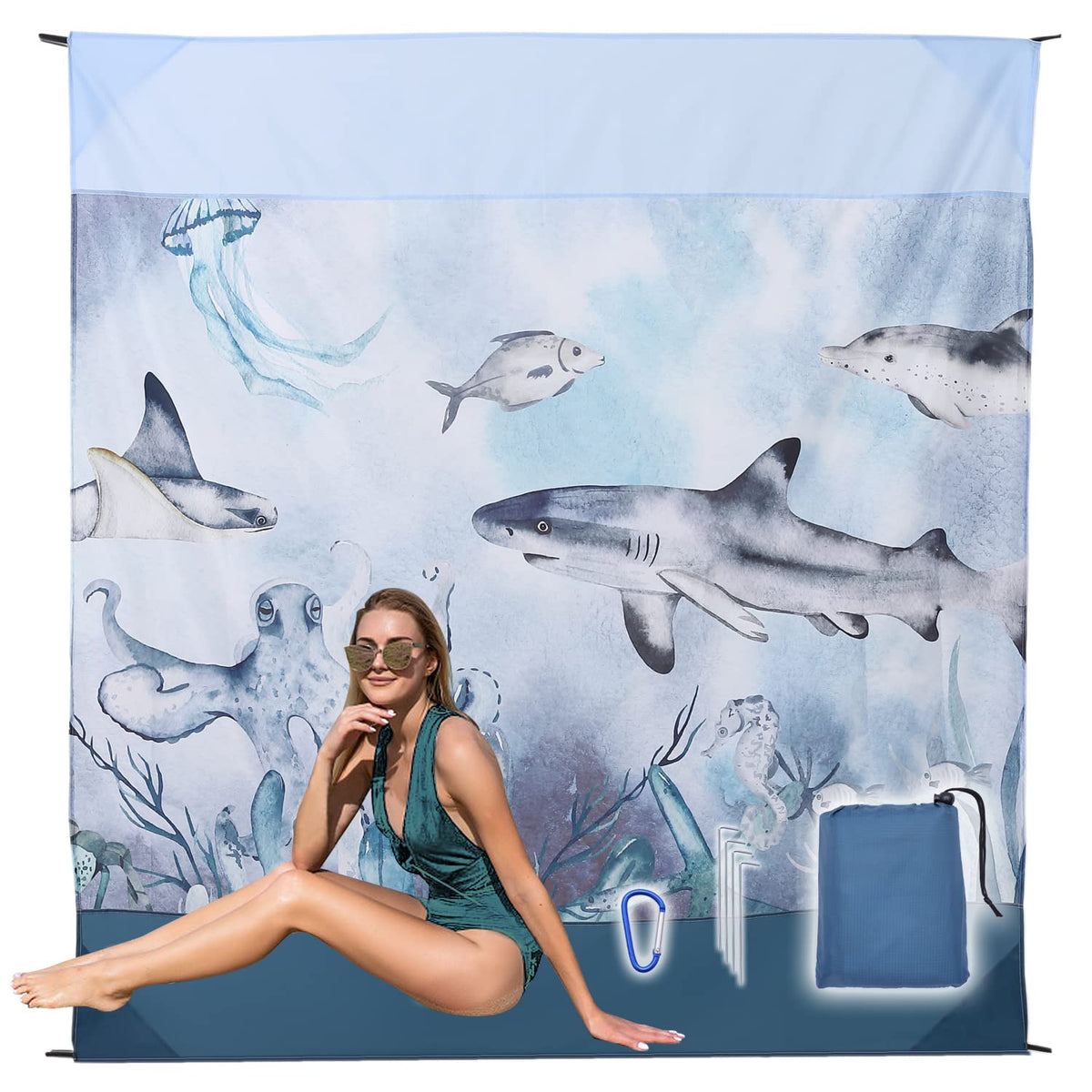 Blue-Sea Camping Blanket 7x7ft Sandproof Beach Mat
