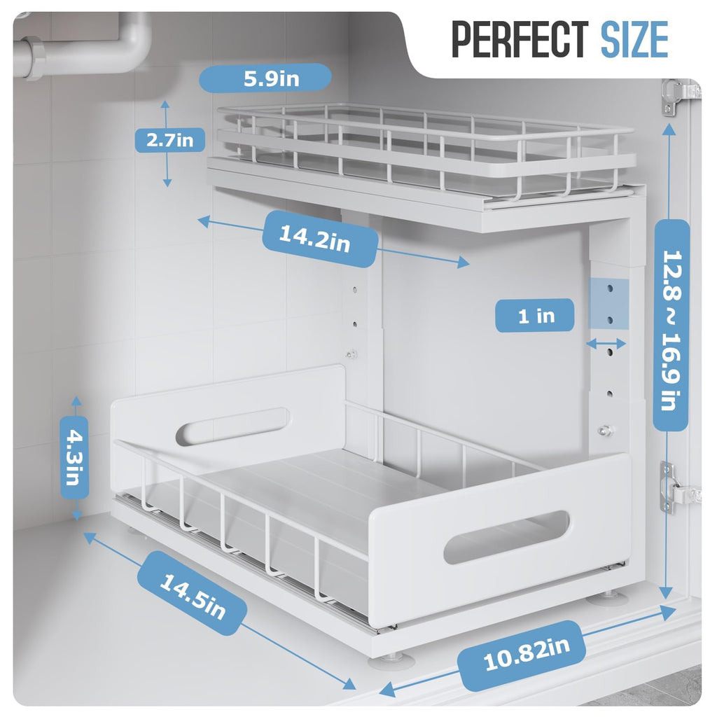 Pack 2-Tier Pull Out Under Sink Organizer Height Adjustable L-Shaped White