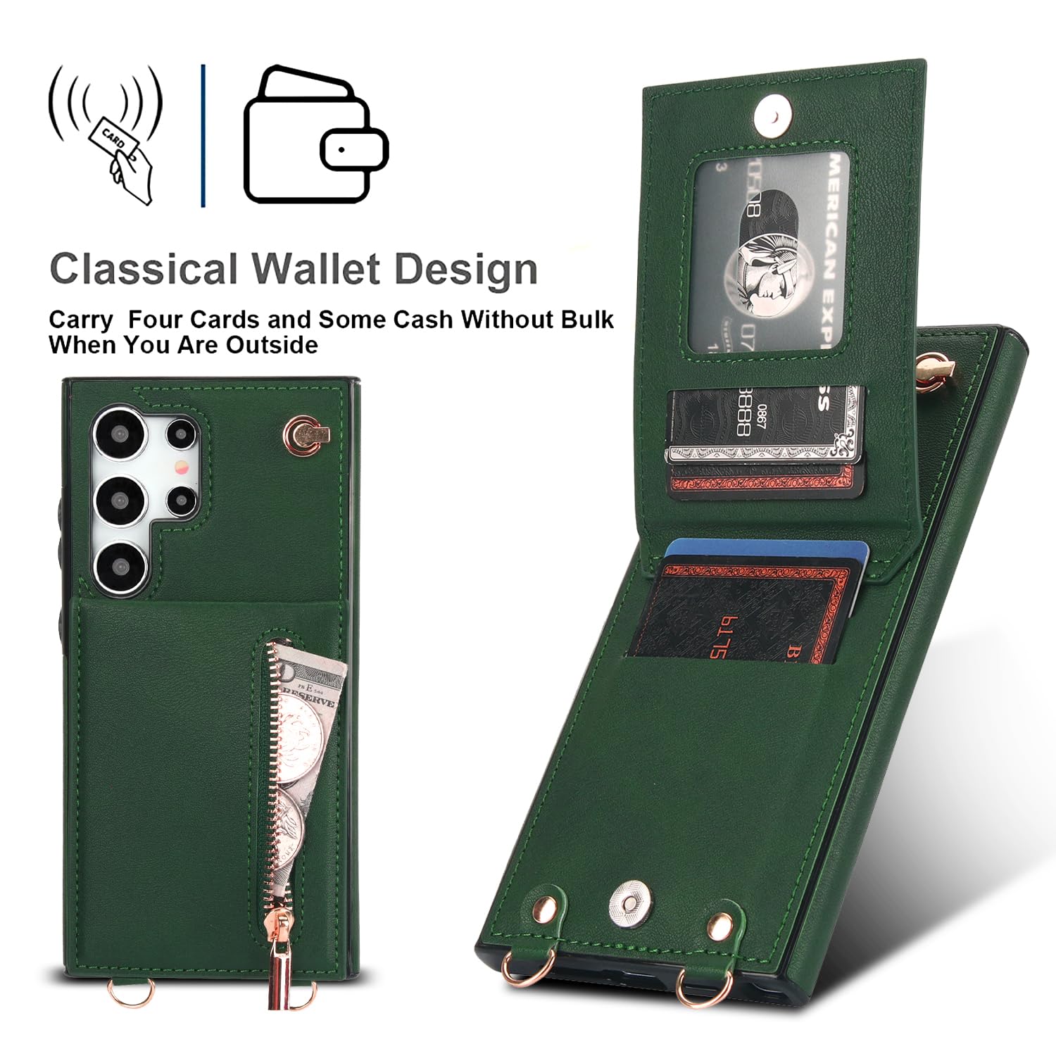 Green Samsung Galaxy S24 Ultra Wallet Flip Case w Crossbody Strap Card Holder  Kickstand