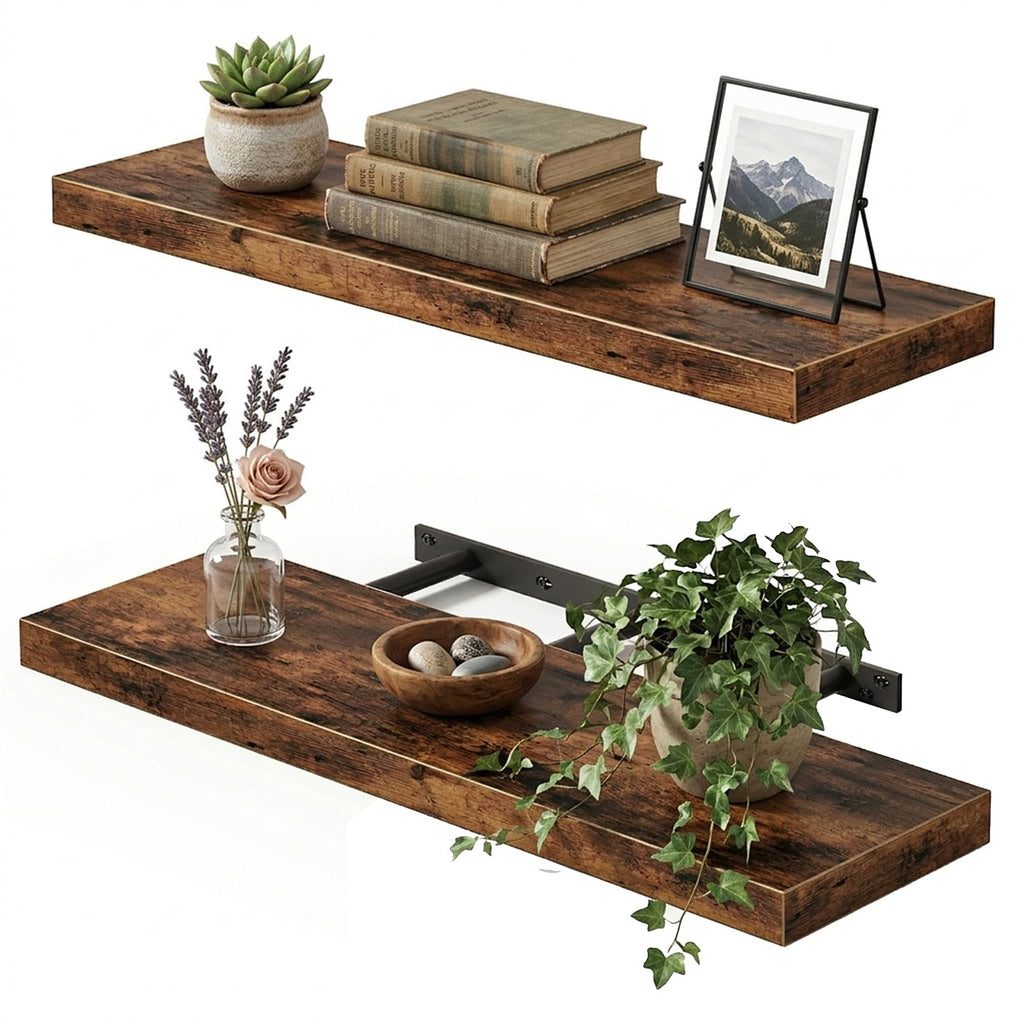 Rustic Brown Wood Floating Wall Shelves Set of 2 22x6.7x1.2 inches