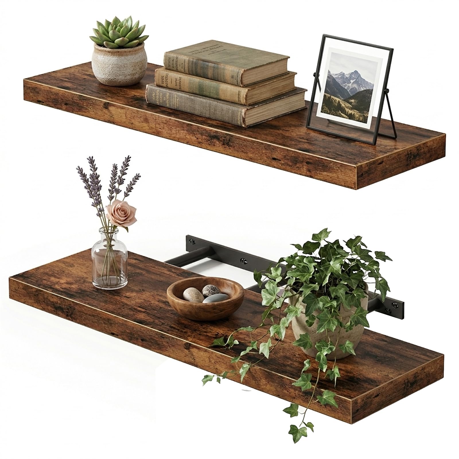 Rustic Brown Wood Floating Wall Shelves Set of 2 22x6.7x1.2 inches