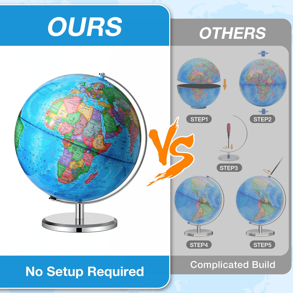 BSHAPPLUS 13 inch Large Globe for Classroom & Home Learning, Political Globe with 195+ Countries, Dry Erase & Waterproof Surface, Solid Stainless Steel Base (No Assembly Required) Retail $50.00
