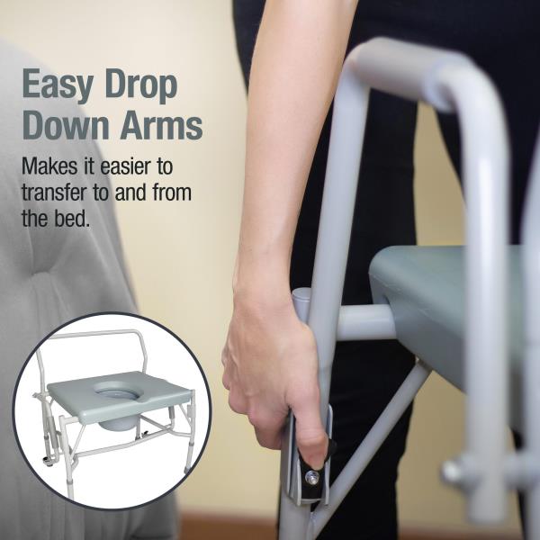 Drop Arm Portable Toilet Commode Extra-Wide Seat 500 lb Capacity Grey