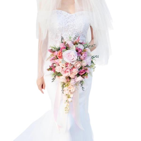 12 Inch Cascade Wedding Bouquet for Bride Fuchsia  Pink Silk Artificial Flowers