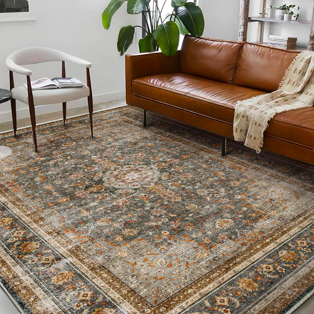 New CHAMPLANT 9x12 Washable Retro Boho Area Rug - Rust Floral for High Traffic
