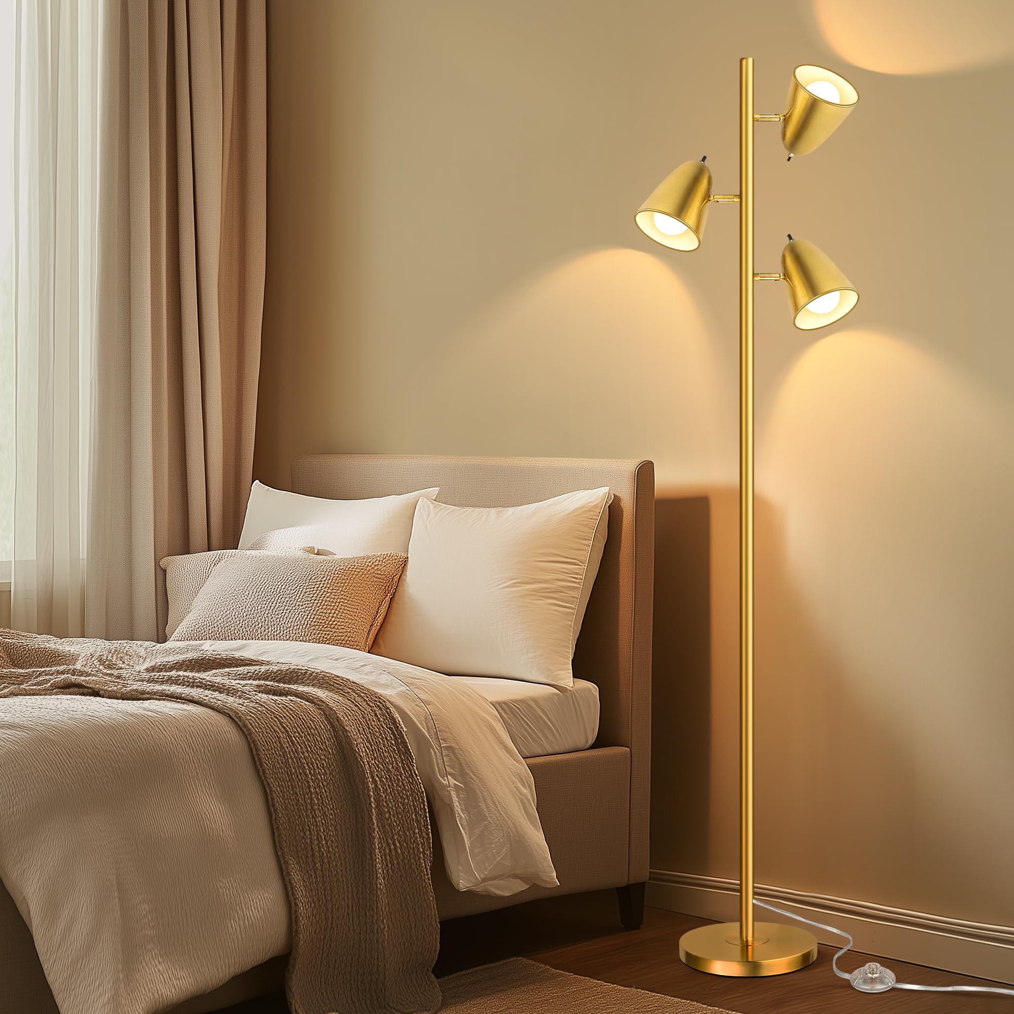 Brushed Gold Tree Floor Lamp with 3 Light Bulbs Standing Tall Pole Lamp 3 Adjustable Arms Retail $61.00