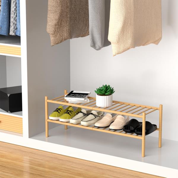 -Tier Bamboo Long Shoe Rack Stackable Wood Storage Organizer 35x11x13 Natural
