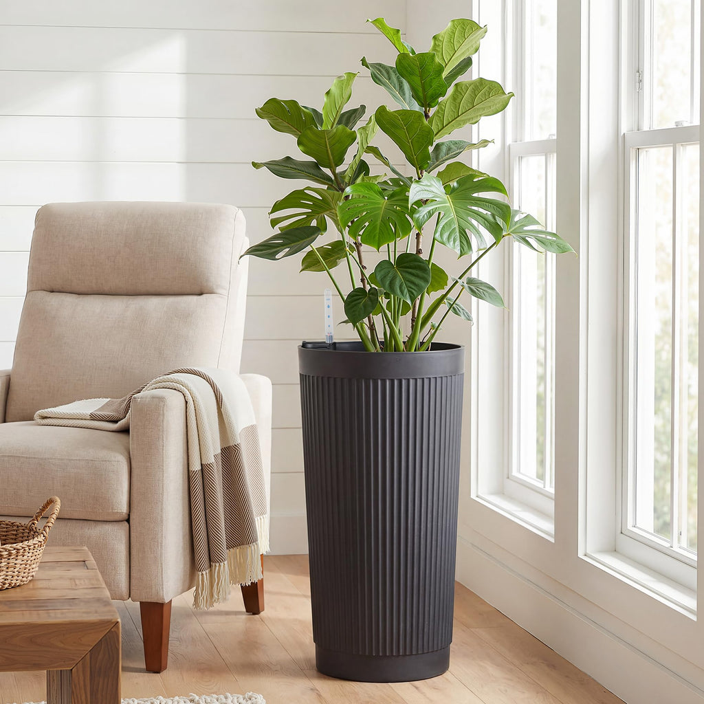 '-Pack 24in Round Plastic Self-Watering Planters with Vertical Ribbed Design Black