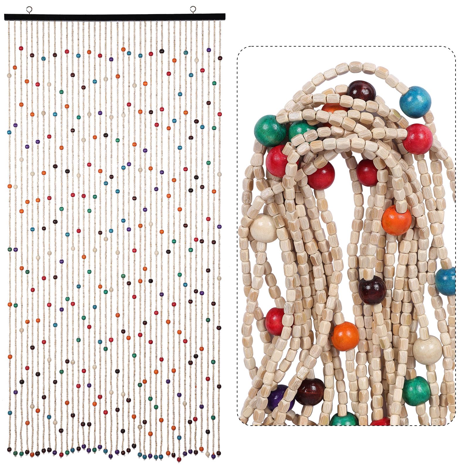 Colorful Bamboo Wood Beaded Curtain 35.5x75 Inch 38 Strands