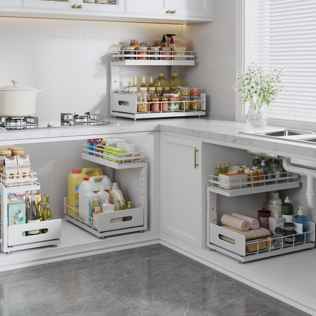 Open-Box New Biboraya 2-Tier Dual Pull Out Adjustable Under Sink Organizer - White Retail $49.99