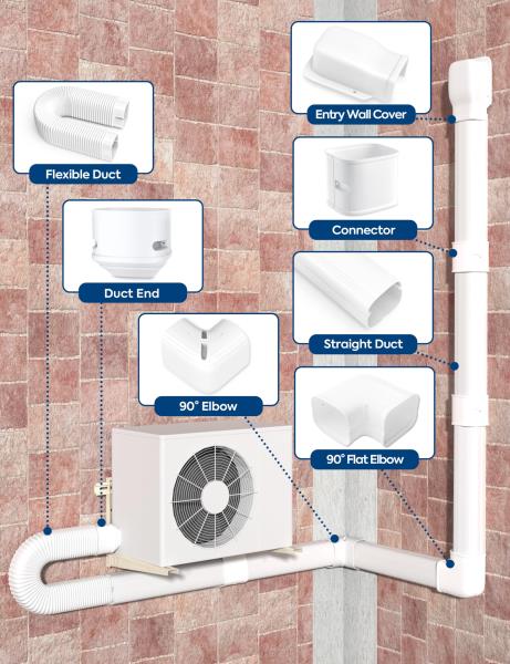 13Ft Mini Split Line Set Cover with Flexible Duct Paintable PP Decorative Kit White