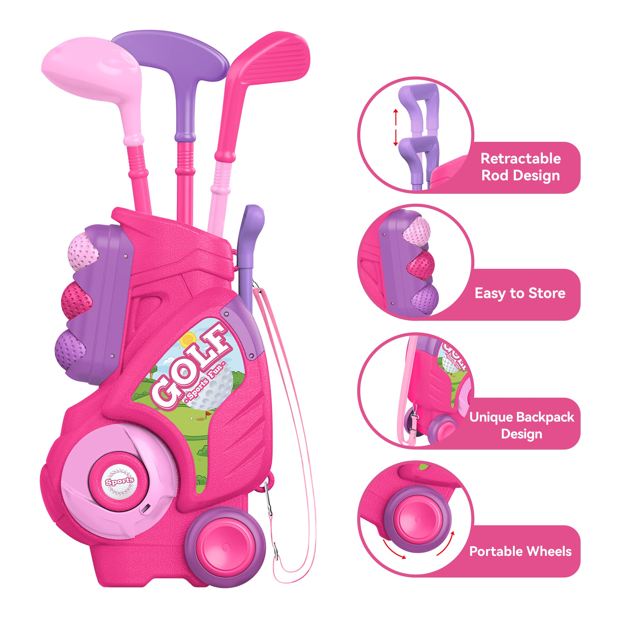 Kids Plastic Golf Set with Retractable Cart  Clubs - Pink