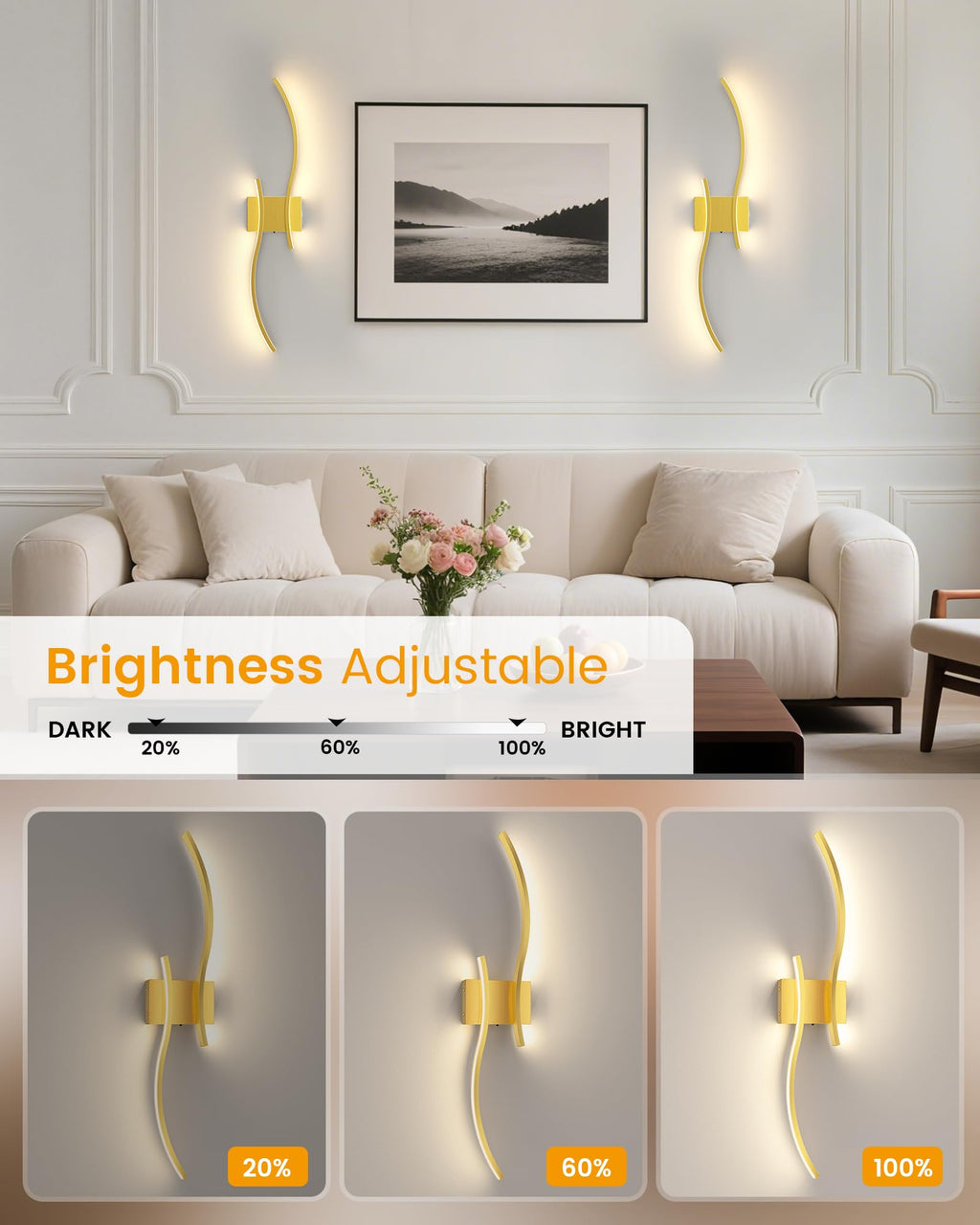 Gold 27.6 Battery Operated Dimmable 3CCT Wall Sconce Set of 2